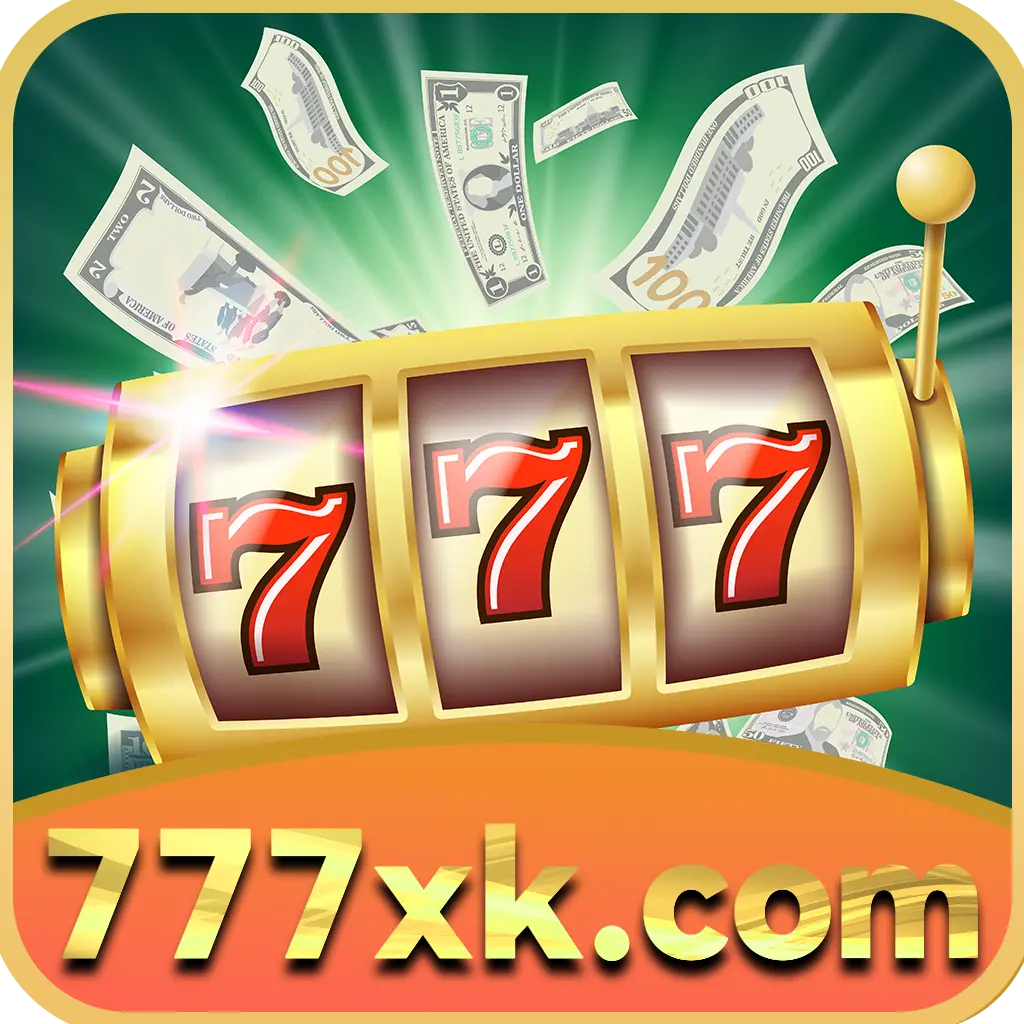 777xk game logo showing a slot machine with triple 7 symbols, flying money, and the website link 777xk.com